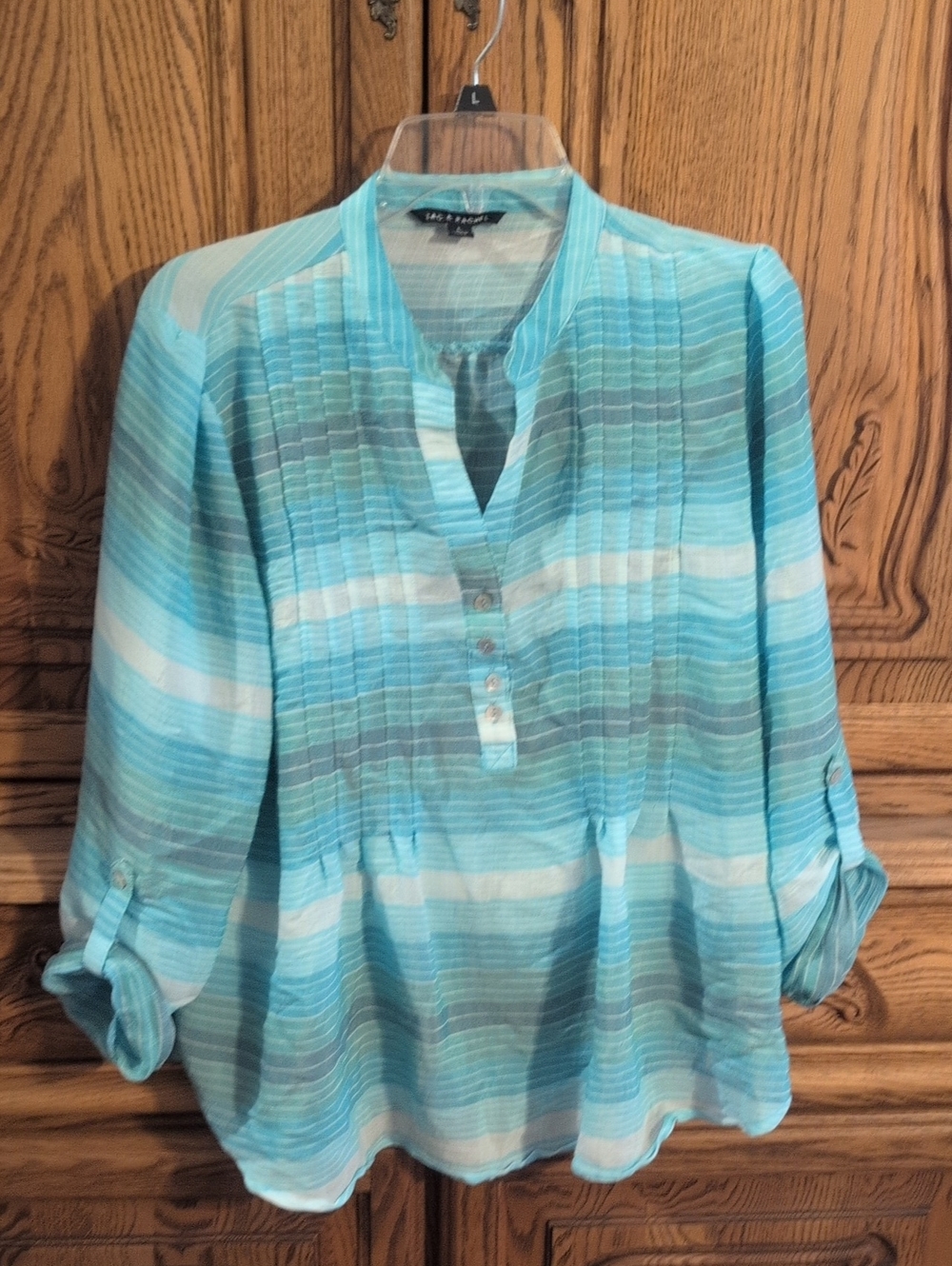 Zac & Rachel Aqua, Teal and White Striped Pintuck Tunic